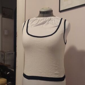 White and Navy Trim Women's Top Sweater